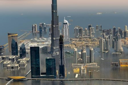 Imagem colorida de projeção do aumento do nível do mar em Dubai