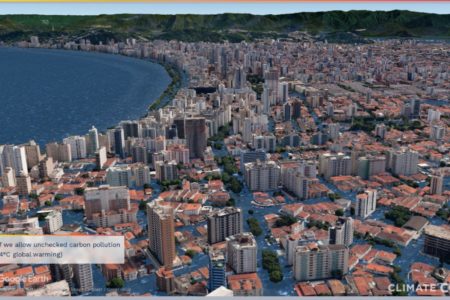 Estudo do Climate Central faz projeção de como Santos poderá ficar caso seja inundada: na imagem, projeção de como Santos ficaria caso o mar invada a cidade - Metrópoles