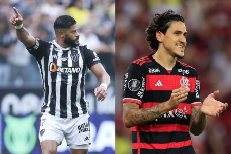 Foto colorida de Hulk e Pedro, atletas do Atlético-MG e Flamengo - Metrópoles