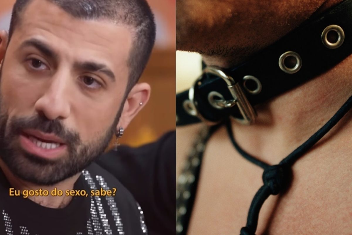 Ex-BBB Kaysar de um lado e metade da imagem com mostra o pescoço d eum homem com colar de BDSM