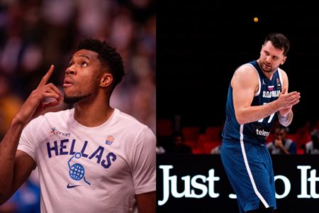 imagem colorida mostra Giannis Antetokounmpo e Lukas Doncic