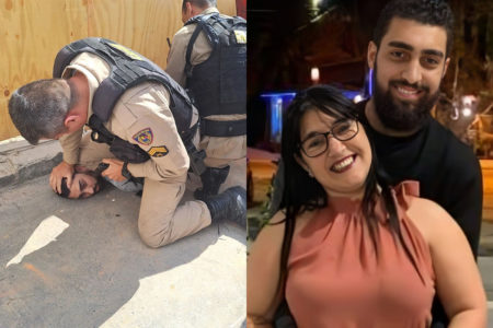 Imagem colorida de montagem com homem que matou a mãe preso. Metrópoles