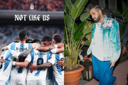 Montagem colorida de Messi, De Paul e Drake - Metrópoles