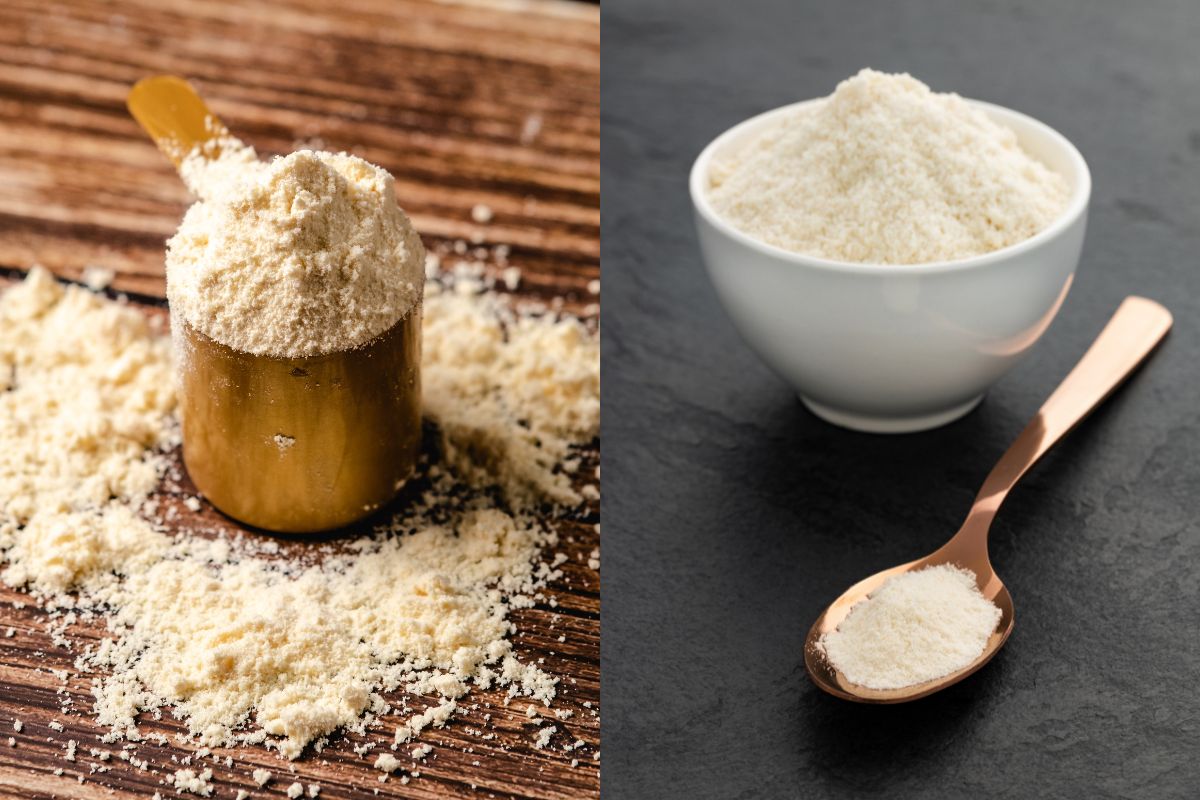 Foto colorida - scoop de whey protein e um pote de colágeno