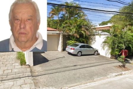 Foto colorida de fachada de casa de alto padrão, em dia ensolarado, com carro prata estacionado. No destaque, à esquerda, foto de rosto de idoso - Metrópoles