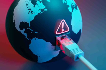 Imagem colorida ilstrativa de planeta terra conectado a cabo de internet para simular o apagão global - Metrópoles