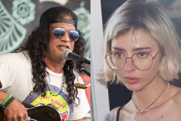 Montagem com fotos de Slash e Lucy-Blue-Knight - Metrópoles