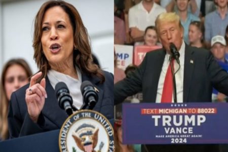 Imagem colorida de Kamala Harris e Donald Trump - Metrópoles