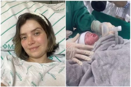 Montagem com duas fotos: uma mulher na cama de hospital e um bebê - Metrópoles
