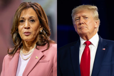 Imagem colorida de Donald Trump e Kamala Harris - Metrópoles