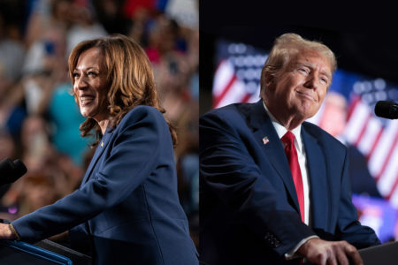 Imagem colorida de Donald Trump e Kamala Harris - Metrópoles