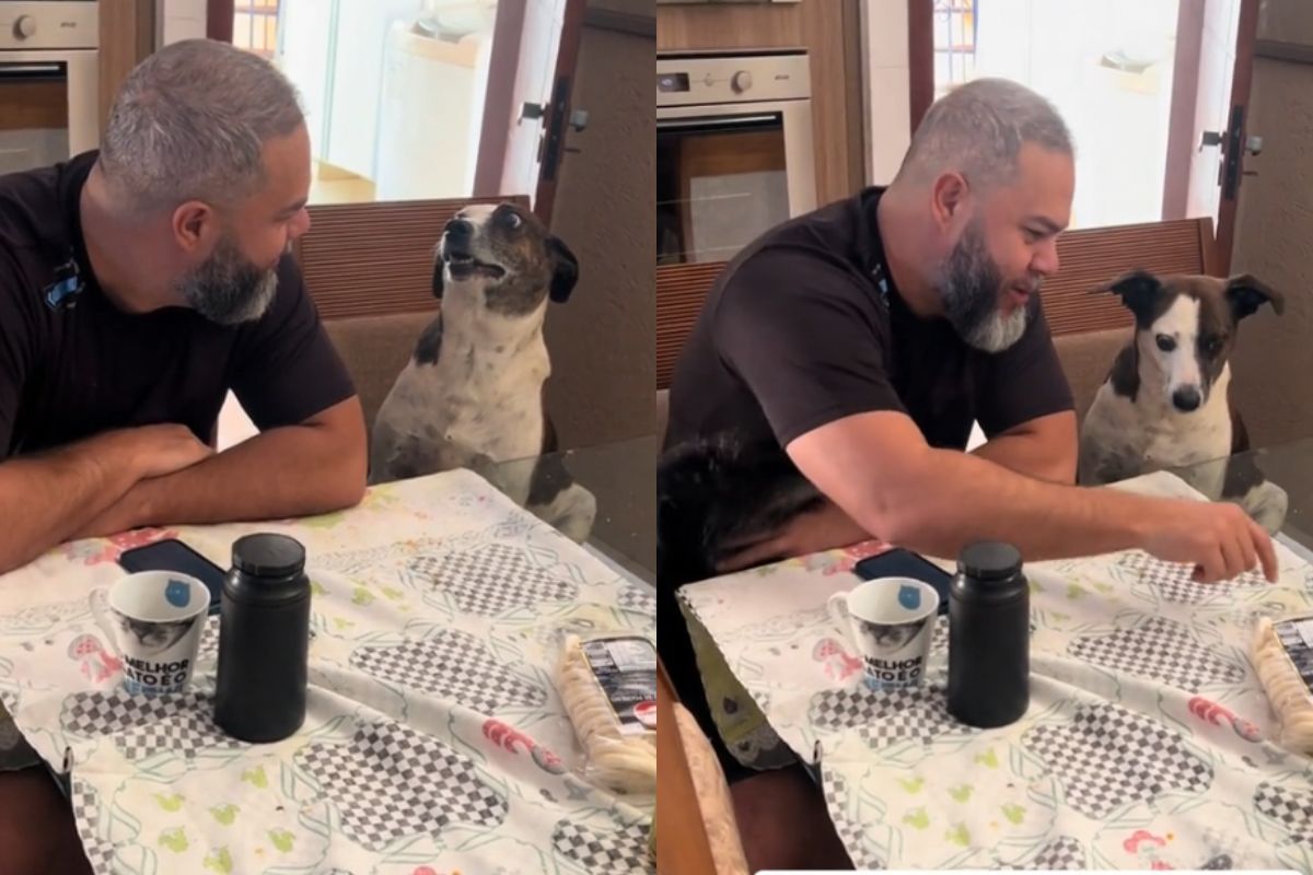 Foto colorida de um homem e um cachorro na mesa - Metrópoles