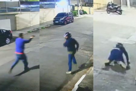 Montagem com três imagens, todas em rua sem veículos de noite. Esquerda, homem aponta arma; meio, homem de capacete olha para trás; direita mesmo homem de capacete, caído de quatro no chão - Metrópoles