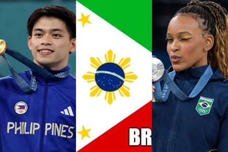Imagem colorida de um atleta filipino e uma atleta brasileira nas Olimpíadas