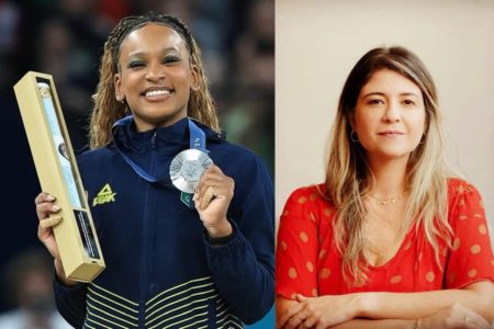 Rebeca andrade no pódio com medalha de ouro e a psicologa Aline Wolff