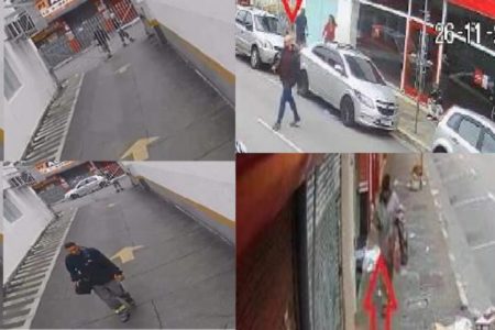 Quatro quadros reproduzindo imagens de câmera de monitoramento. Rua em dia claro, sem movimento de carros - Metrópoles
