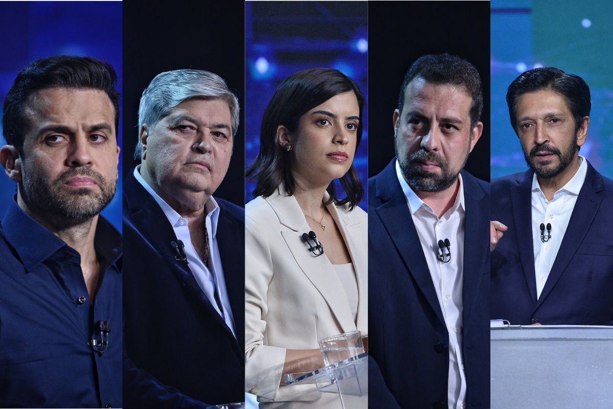 Montagem com imagens coloridas mostra os candidato à prefeitura de São Paulo Pablo Marçal, José Luiz Datena, Tabata Amaral, Guilherme Boulos e Ricardo Nunes