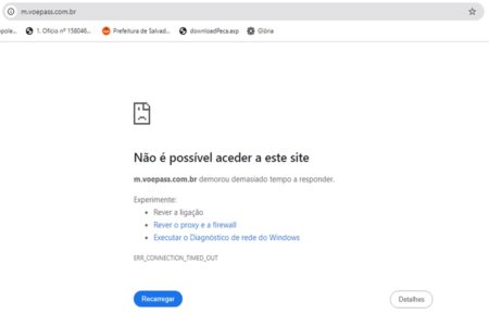 Imagem do site da Voepass fora do ar