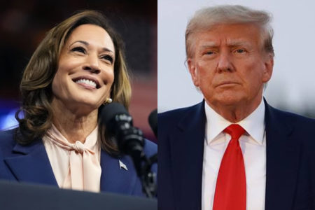 Imagem colorida de Kamala Harris e Donald Trump - Metrópoles
