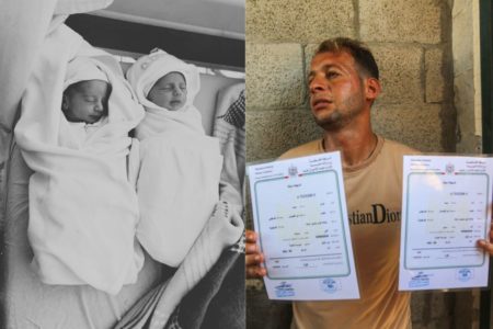 Montagem com foto preta e branca dos gêmeos recém-nascidos e do pai segurando as certidões de nascimento - Metrópoles