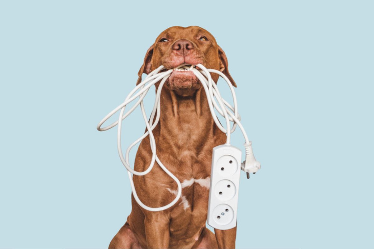 Imagem colorida de cachorro marrom com extensão na boca
