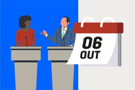 Ilustração de dois políticos debatendo e uma folha de calendário na frente com a data das eleições 2024