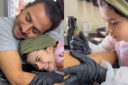 Vídeo da pequena Liz Garrido, de 8 anos, fazendo a primeira tatuagem de seu pai, Lourenço Garrido, viralizou nas redes sociais - Metrópoles