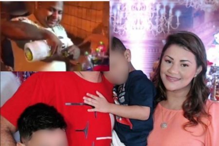 Imagem colorida de mulher de cabelos longos, baixo do ombro, sorrindo. Ao lado dela, homem segura uma criança no colo e abraça outra, em pé. Na extrema esquerda, acima, colagem com homem colocando bebida em copo - Metrópoles