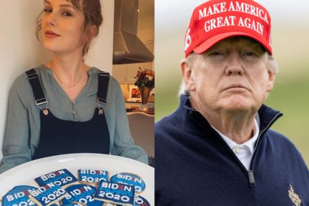 Imagem colorida de Taylor Swift e Trump