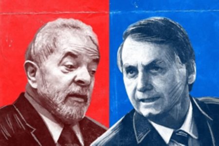 Arte mostra desenhos dos candidatos à presidência Lula e Bolsonaro sob as cores, respectivamente, vermelho e azul - Metrópoles