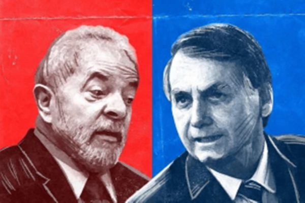 Arte mostra desenhos dos candidatos à presidência Lula e Bolsonaro sob as cores, respectivamente, vermelho e azul - Metrópoles