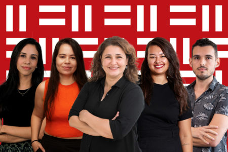 imagem montagem dos jornalistas bethania nunes, ravenna alves, erica montenegro, juliana contaifer e bruno bucis olhando para a frente