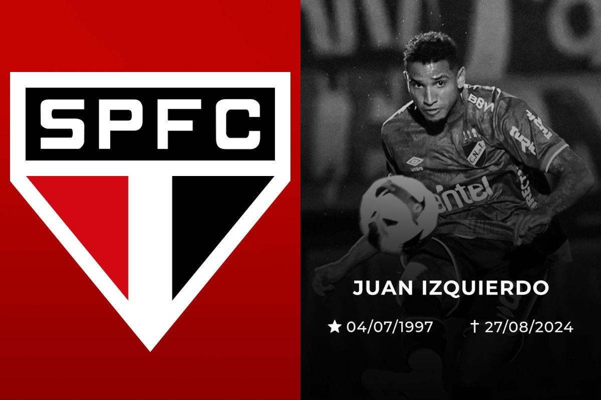 Montagem colorida do escudo do São Paulo e Juan Izquierdo - Metrópoles
