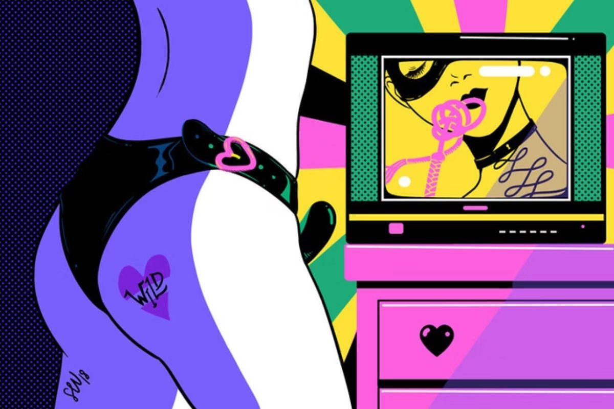 arte metropoles colorida com o corpo de uma mulher usando uma cinta peniana