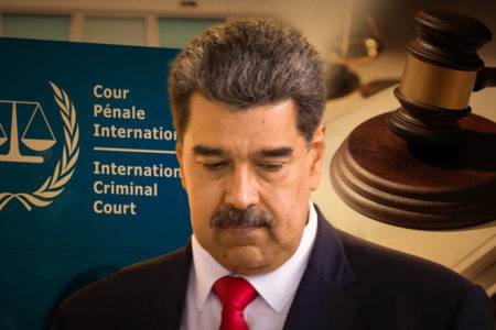 Montagem mostra Nicolás Maduro com elementos do Tribunal de Haia ao fundo - Metrópoles