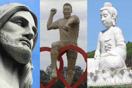 imagem colorida das estátuas do Cristo Protetor, em Encantado (RS), do Pelé, em Três Corações (MG), e Buda em Ibiraçu (ES)