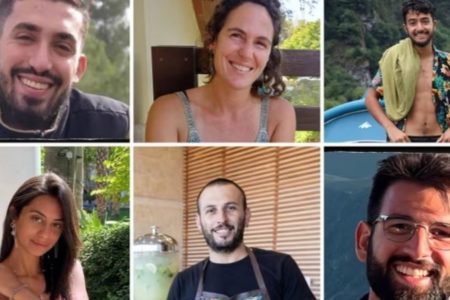 Nontagem com fotos coloridas de Hersh Goldberg-Polin, Eden Yerushalmi, Ori Danino, Alex Lubnov, Carmel Gat e Almog Sarusi - Metrópoles