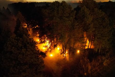 Imagem colorida de um incêndio de grandes proporções na Floresta Nacional de Brasília, vista do alto