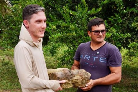 Foto colorida de dois homens segurando fóssil - Metrópoles