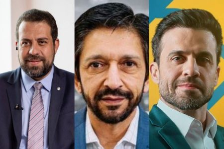 Montagem com foto dos candidatos à Prefeitura de SP (da esq. para a dir.) Guilherme Boulos, Ricardo Nunes e Pablo Marçal - Metrópoles