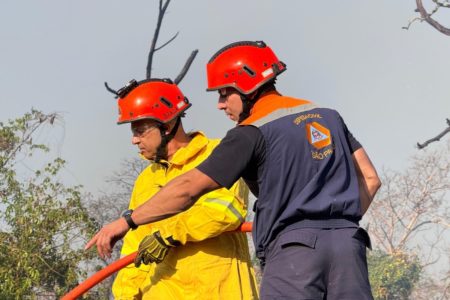Imagem colorida de dois agentes da Defesa Civil em atuação