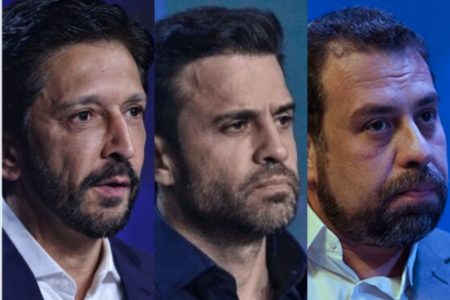 Montagem mostra Ricardo Nunes, Pablo Marçal e Guilherme Boulos, de perfil, enfileirados - Metrópoles