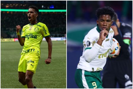 Imagem colorida de Estêvão e Endrick, com a camisa do Palmeiras- Metrópoles