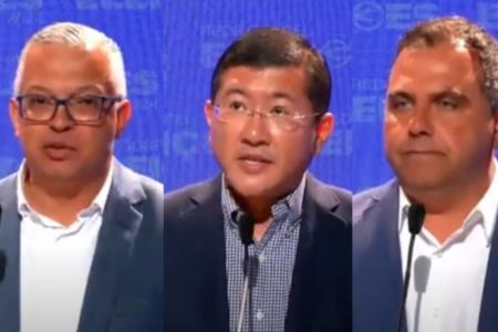 Montagem com três candidatos (Márcio da Farmácia, Taka Yamauchi e Gesiel Duarte) à Prefeitura de Diadema durante debate - Metrópoles