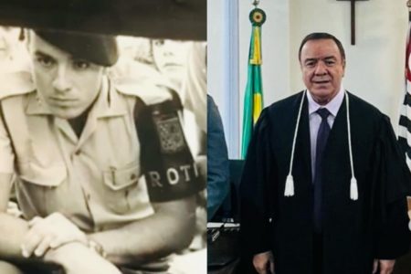 Do lado esquerdo, jovem em foto antiga, preto e branca, com uniforme da Rota. A direita, senhor com toga de juiz - Metrópoles