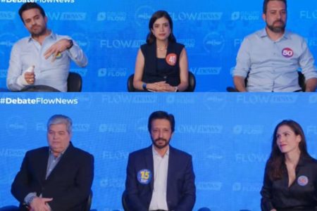 Montagem com seis candidatos à Prefeitura de São Paulo durante debate do Flow- Metrópoles