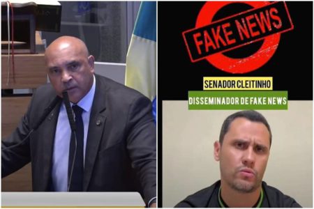 Homem em pulpito de terna e gravata. Ao lado, homem de gola polo com inscrição de FaKe News ao fundo - Metrópoles