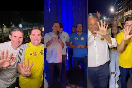 Foto colorida dos líderes partidários Antonio Brito (PSD-BA), Elmar Nascimento (União-BA) e Hugo Motta (Republicanos-PB) nas campanhas das eleições municipais - Metrópoles