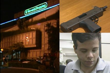 Fachada de shopping. Recortes de submetralhadora e rosto de rapaz branco, sem barba e cabelo curto - Metrópoles