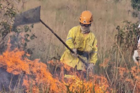 Foto colorida de brigadista voluntária no combate a incêndio florestal no Mato Grosso - Metrópoles